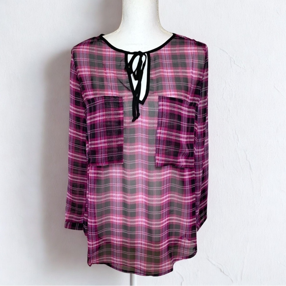 NWT Three Eighty Two Women  Plaid Tunic Long Sleeve Tie Front Blouse XS to Small